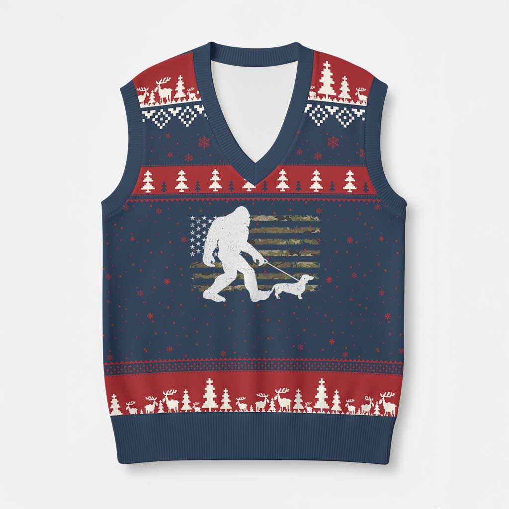 Bigfoot Walking Dachshund V-Neck Knit Sweater Vest Sasquatch Camo American Flag USA Military Patriotic - Wonder Print Shop
