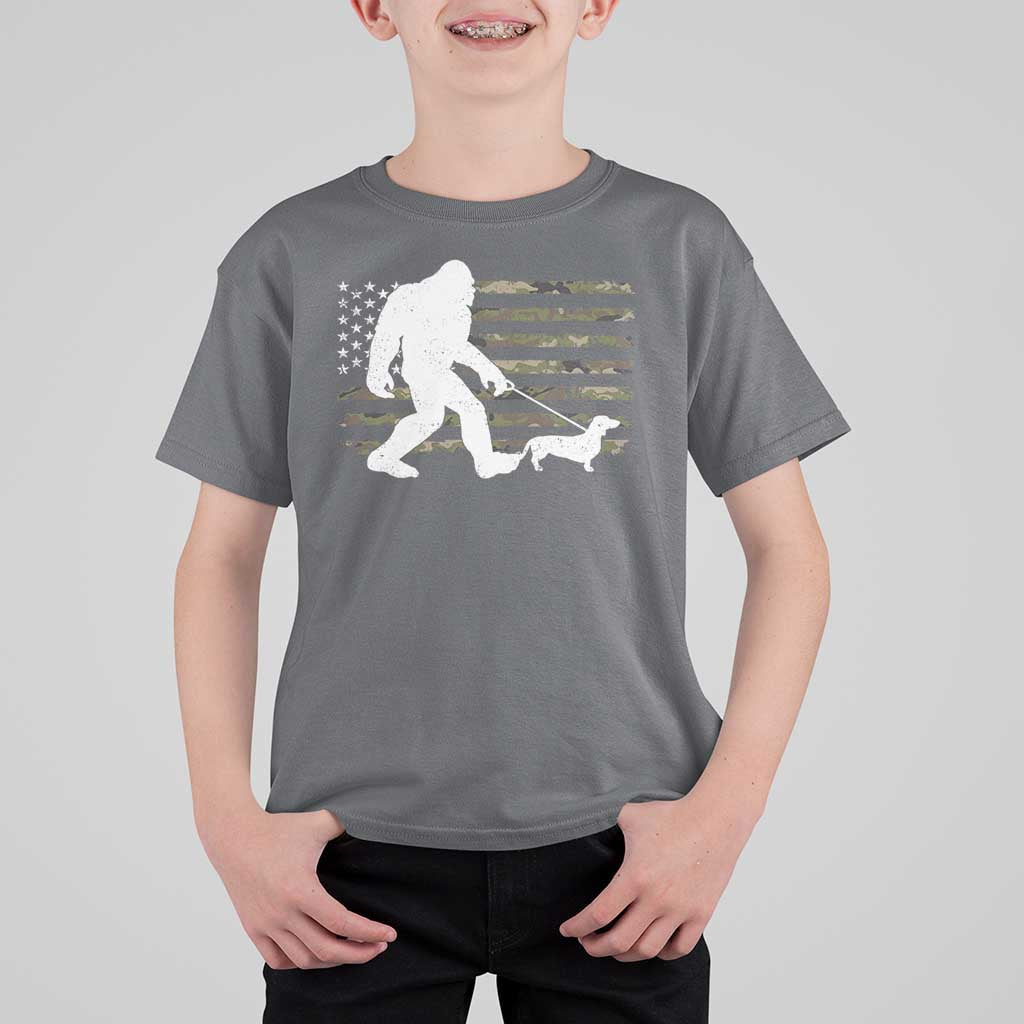Bigfoot Walking Dachshund T Shirt For Kid Sasquatch Camo American Flag USA Military Patriotic - Wonder Print Shop