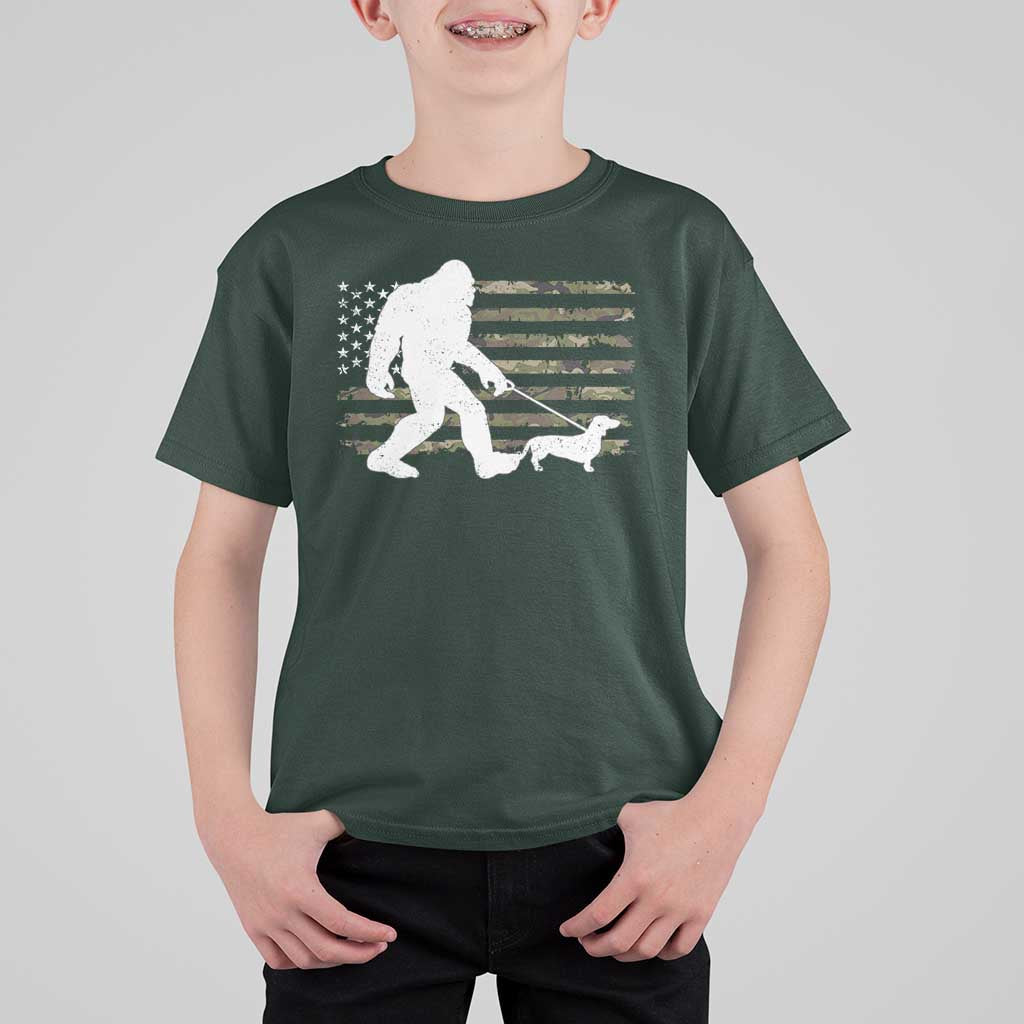 Bigfoot Walking Dachshund T Shirt For Kid Sasquatch Camo American Flag USA Military Patriotic - Wonder Print Shop