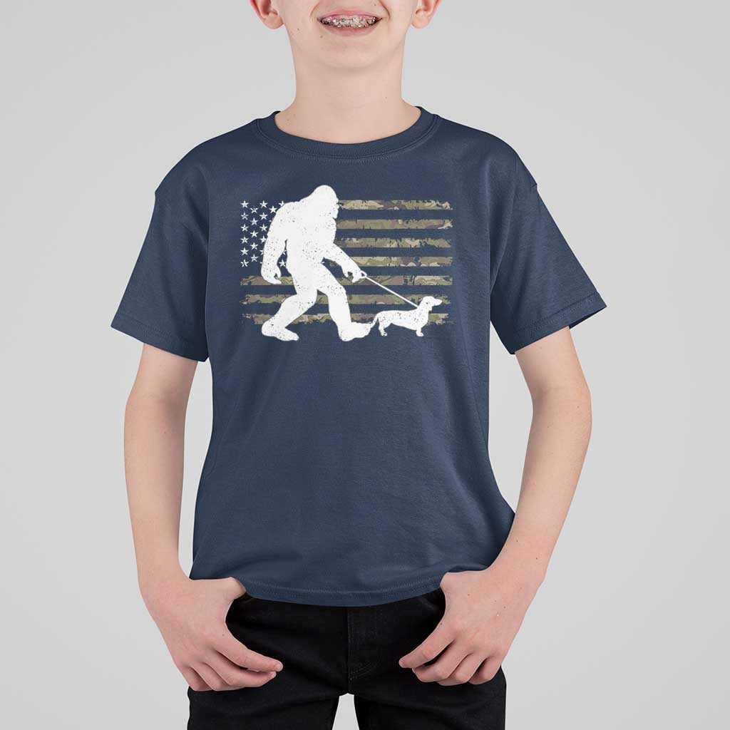 Bigfoot Walking Dachshund T Shirt For Kid Sasquatch Camo American Flag USA Military Patriotic - Wonder Print Shop
