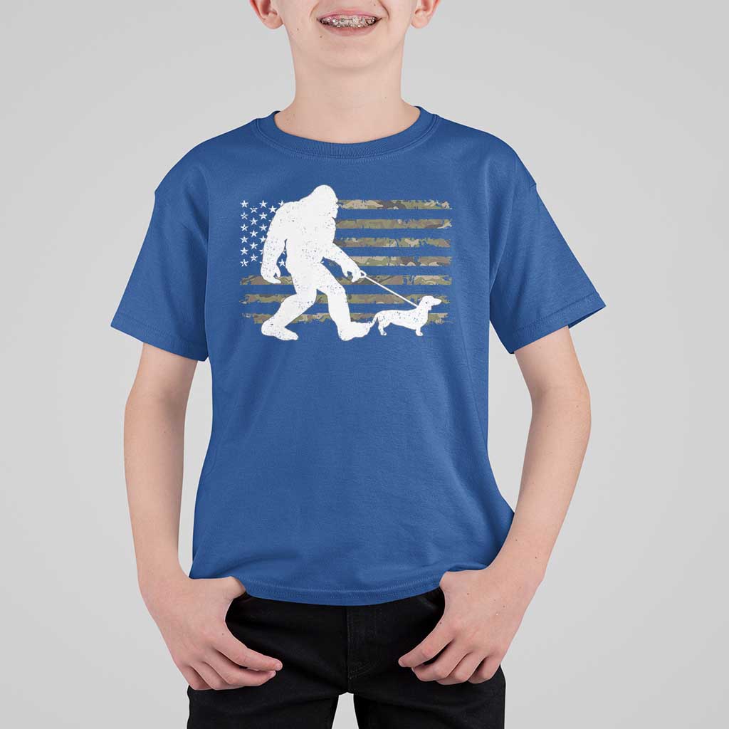 Bigfoot Walking Dachshund T Shirt For Kid Sasquatch Camo American Flag USA Military Patriotic - Wonder Print Shop