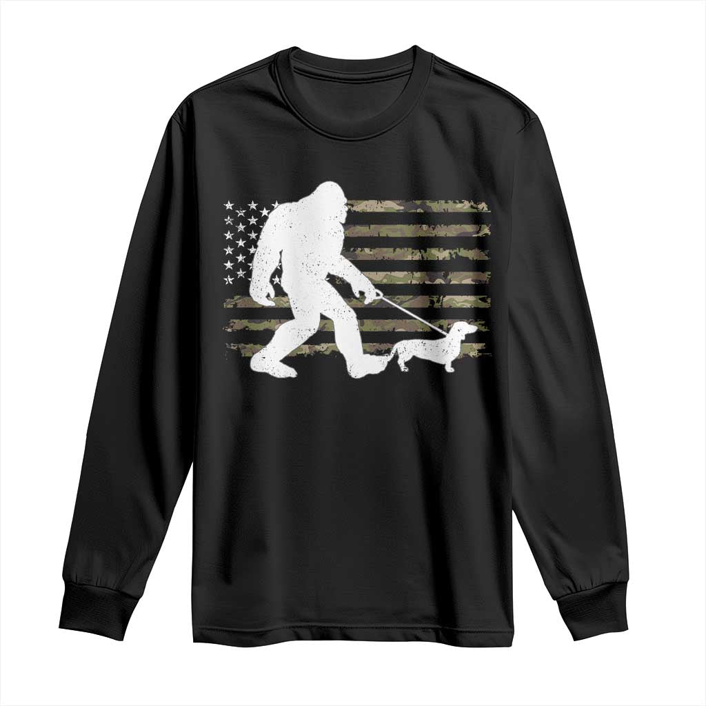 Bigfoot Walking Dachshund Long Sleeve Shirt Sasquatch Camo American Flag USA Military Patriotic - Wonder Print Shop