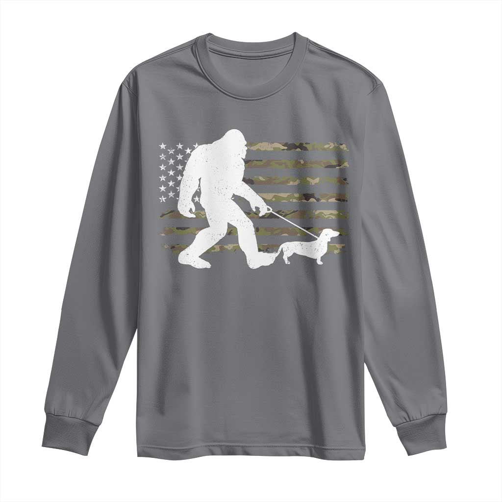 Bigfoot Walking Dachshund Long Sleeve Shirt Sasquatch Camo American Flag USA Military Patriotic - Wonder Print Shop