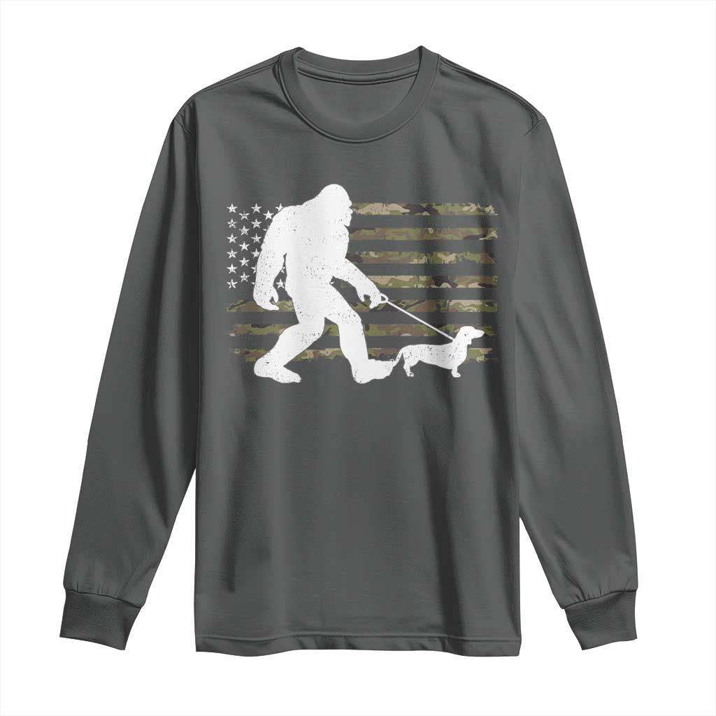 Bigfoot Walking Dachshund Long Sleeve Shirt Sasquatch Camo American Flag USA Military Patriotic - Wonder Print Shop