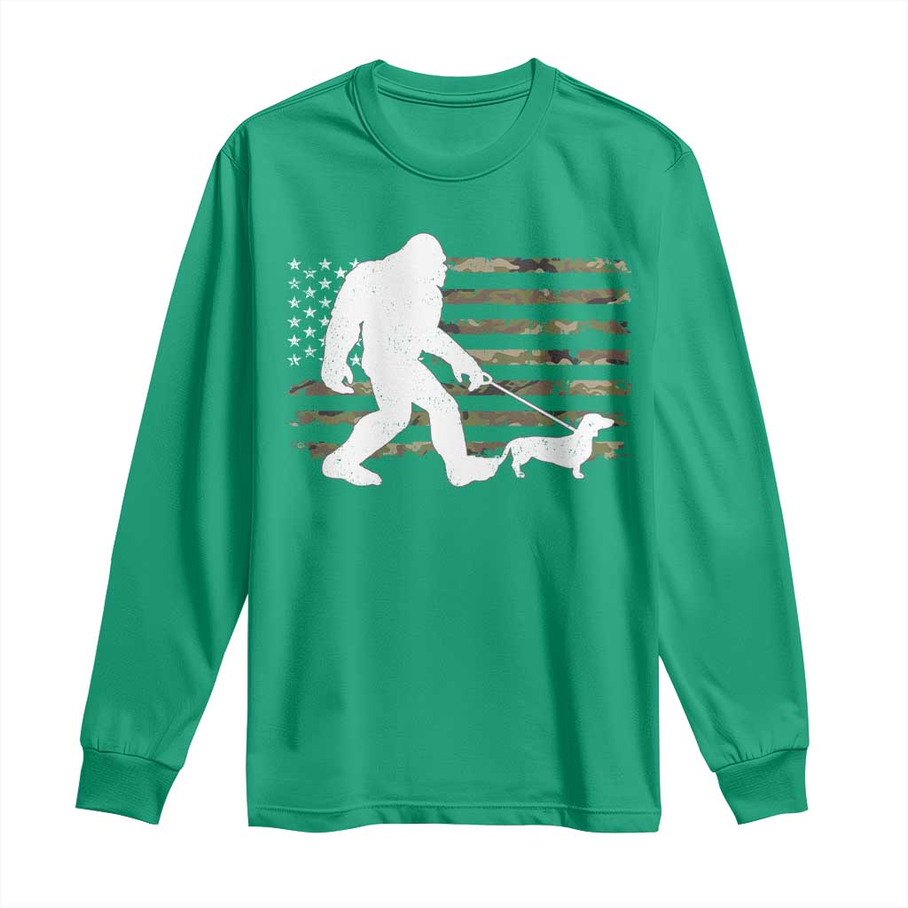 Bigfoot Walking Dachshund Long Sleeve Shirt Sasquatch Camo American Flag USA Military Patriotic - Wonder Print Shop