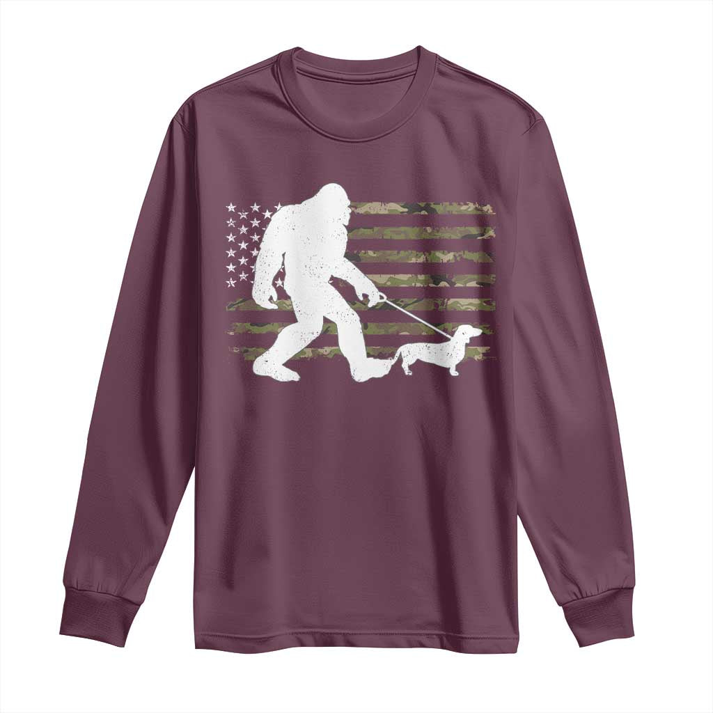 Bigfoot Walking Dachshund Long Sleeve Shirt Sasquatch Camo American Flag USA Military Patriotic - Wonder Print Shop