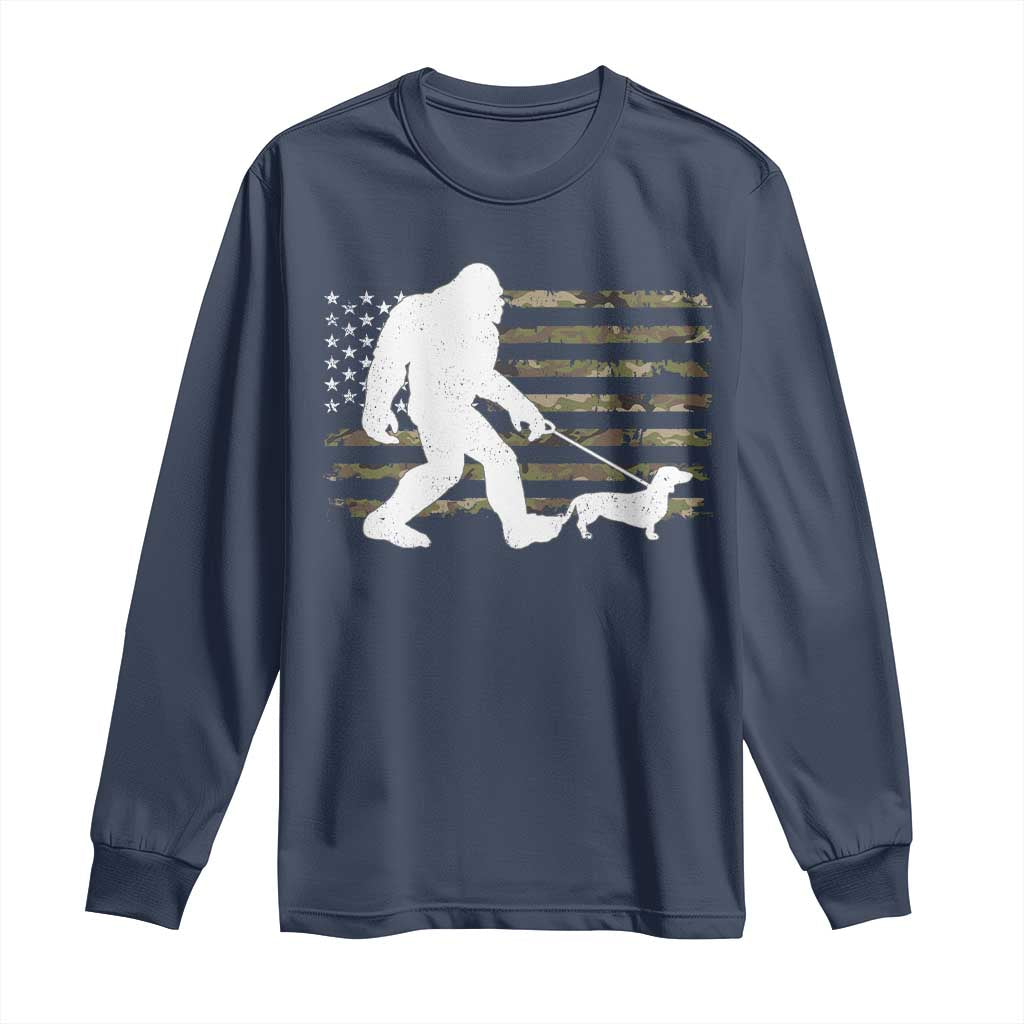 Bigfoot Walking Dachshund Long Sleeve Shirt Sasquatch Camo American Flag USA Military Patriotic - Wonder Print Shop