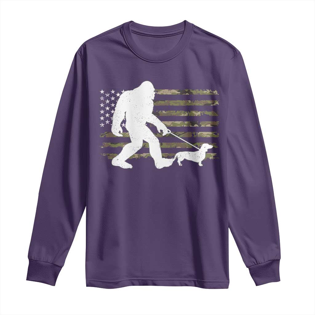 Bigfoot Walking Dachshund Long Sleeve Shirt Sasquatch Camo American Flag USA Military Patriotic - Wonder Print Shop