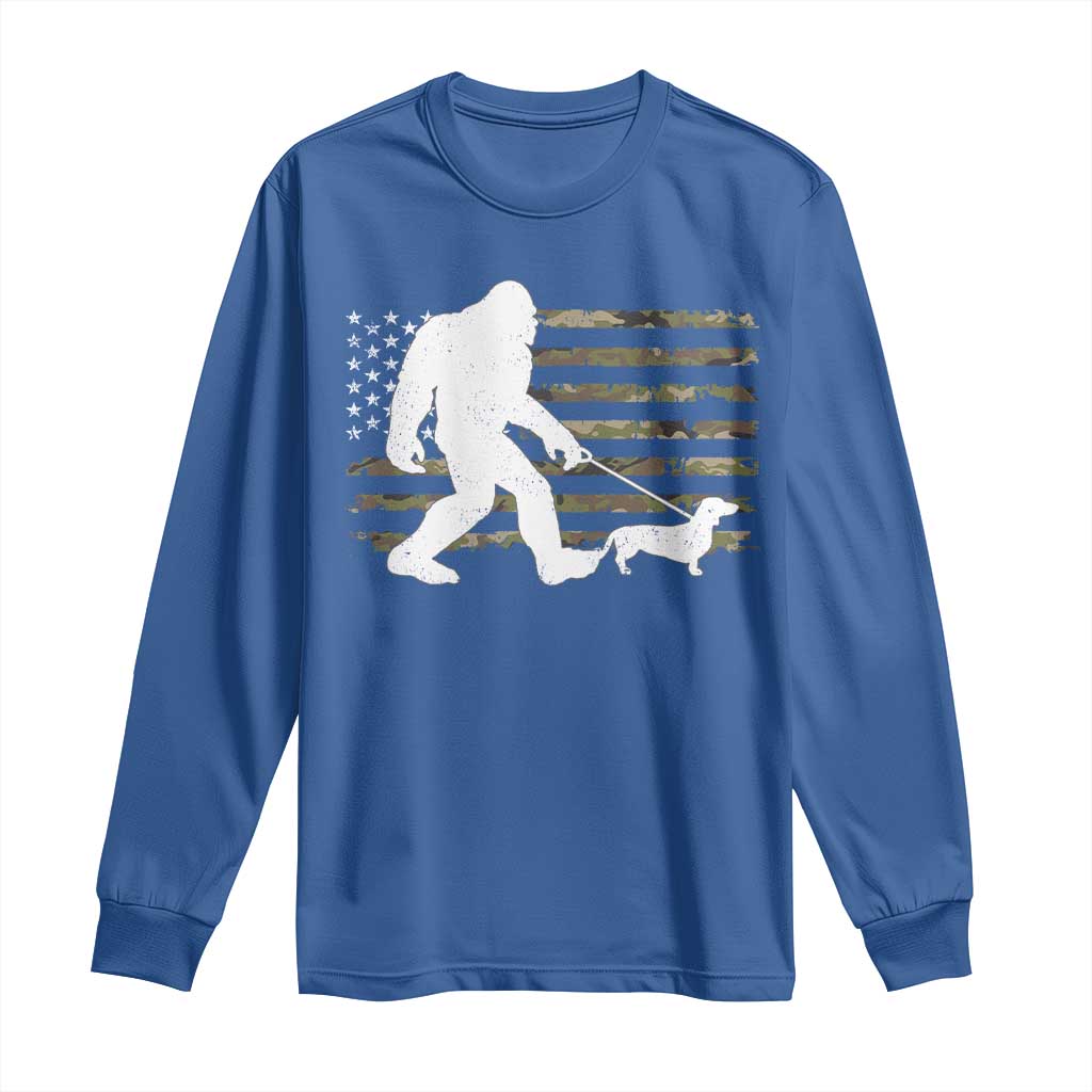Bigfoot Walking Dachshund Long Sleeve Shirt Sasquatch Camo American Flag USA Military Patriotic - Wonder Print Shop