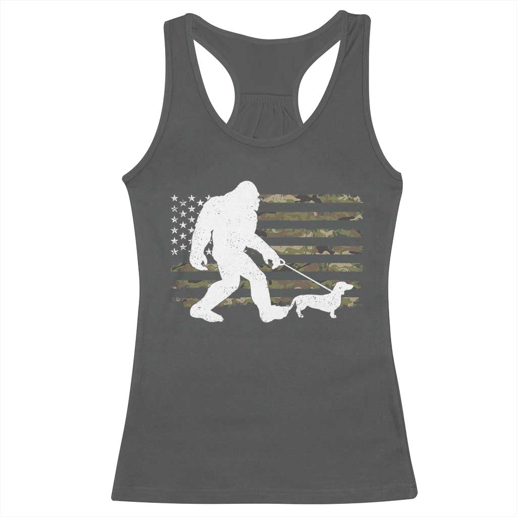 Bigfoot Walking Dachshund Racerback Tank Top Sasquatch Camo American Flag USA Military Patriotic - Wonder Print Shop