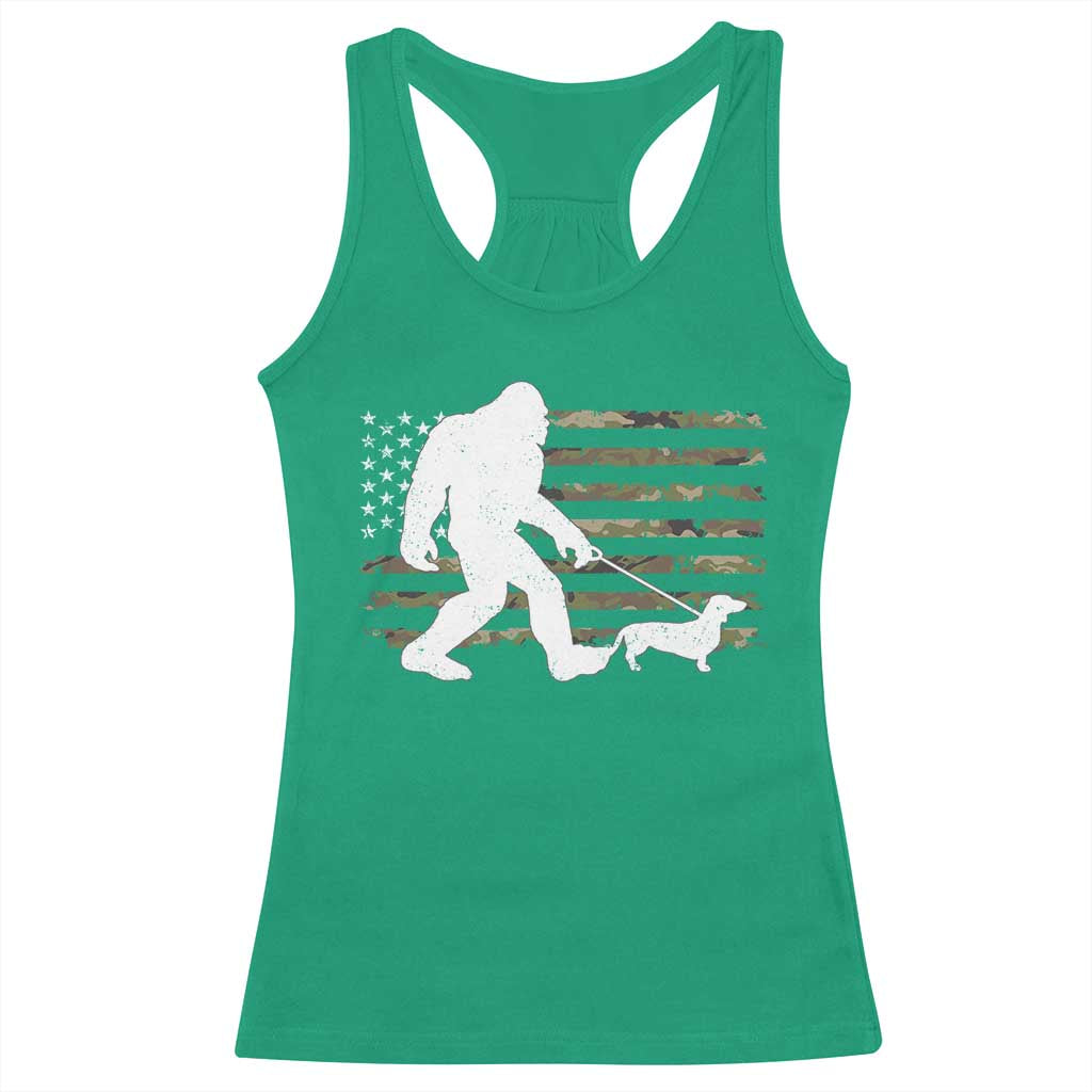 Bigfoot Walking Dachshund Racerback Tank Top Sasquatch Camo American Flag USA Military Patriotic - Wonder Print Shop