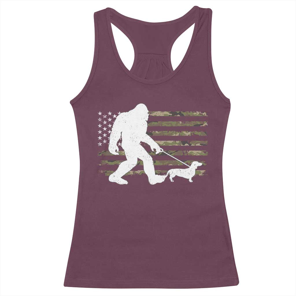 Bigfoot Walking Dachshund Racerback Tank Top Sasquatch Camo American Flag USA Military Patriotic - Wonder Print Shop