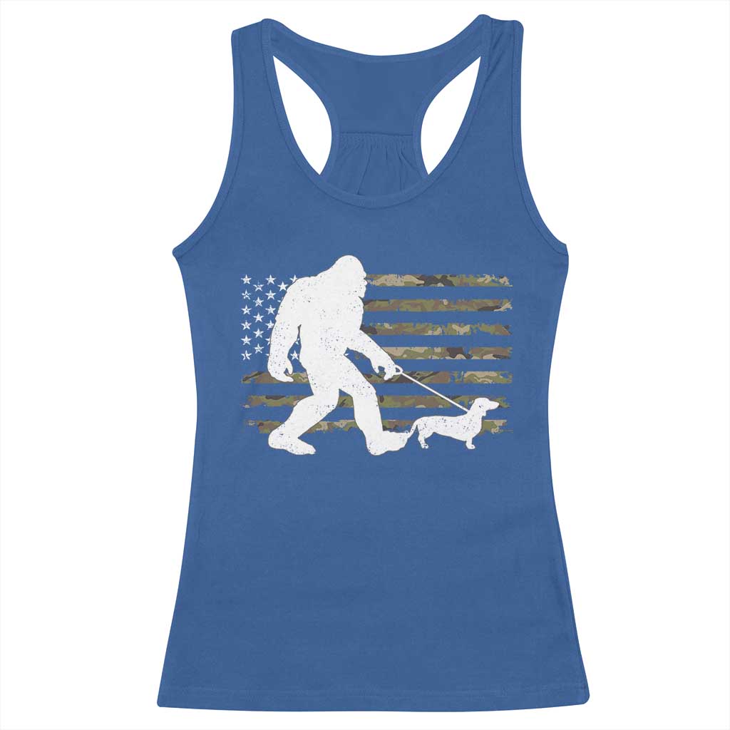 Bigfoot Walking Dachshund Racerback Tank Top Sasquatch Camo American Flag USA Military Patriotic - Wonder Print Shop