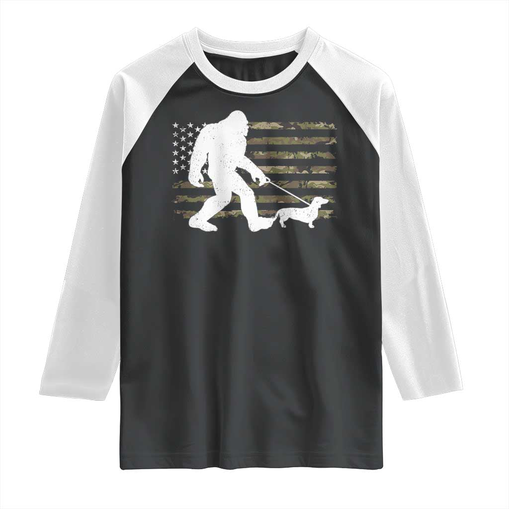 Bigfoot Walking Dachshund Raglan Shirt Sasquatch Camo American Flag USA Military Patriotic - Wonder Print Shop