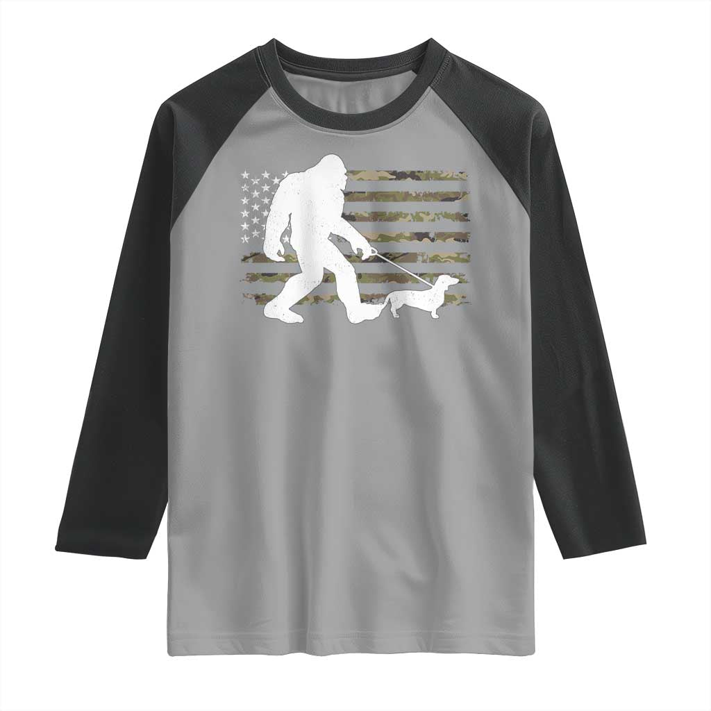 Bigfoot Walking Dachshund Raglan Shirt Sasquatch Camo American Flag USA Military Patriotic - Wonder Print Shop