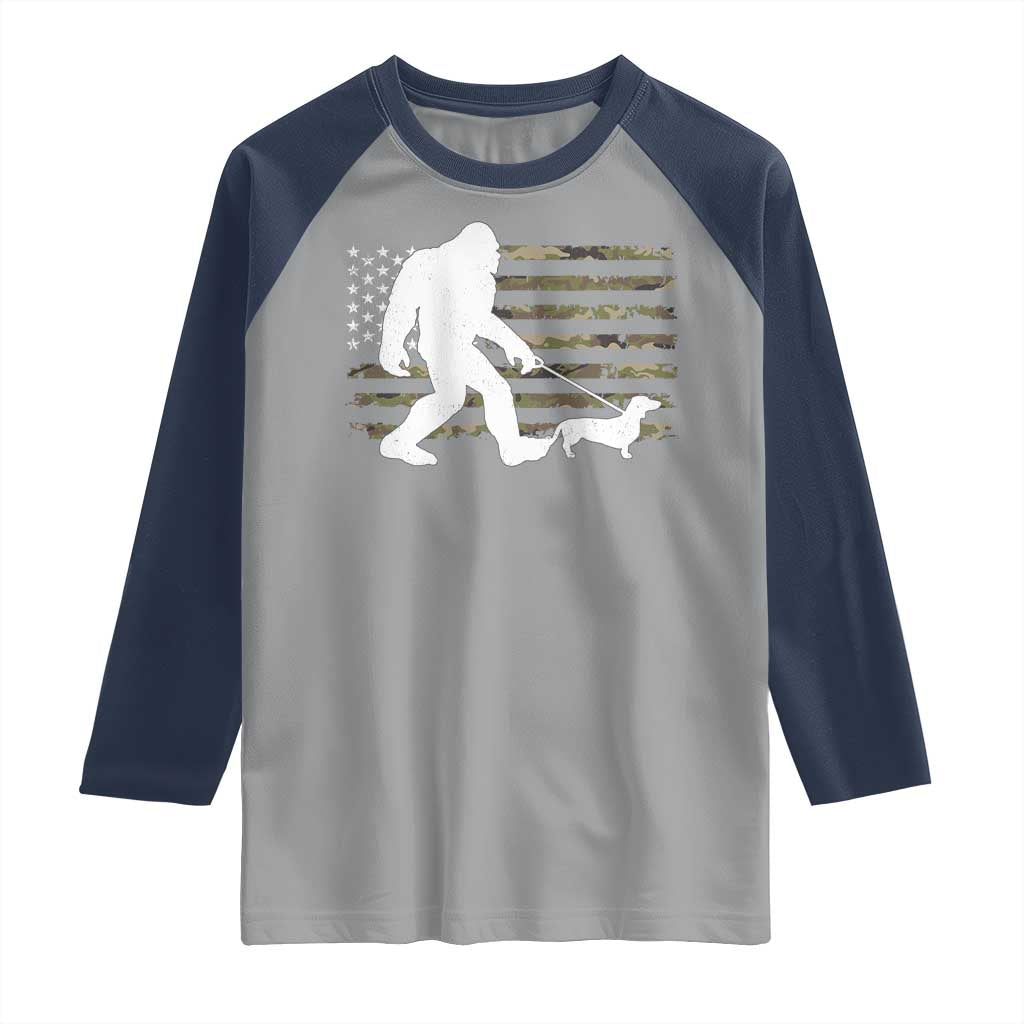 Bigfoot Walking Dachshund Raglan Shirt Sasquatch Camo American Flag USA Military Patriotic - Wonder Print Shop