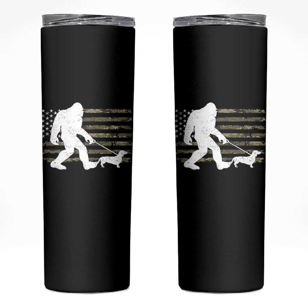 Bigfoot Walking Dachshund Skinny Tumbler Sasquatch Camo American Flag USA Military Patriotic - Wonder Print Shop