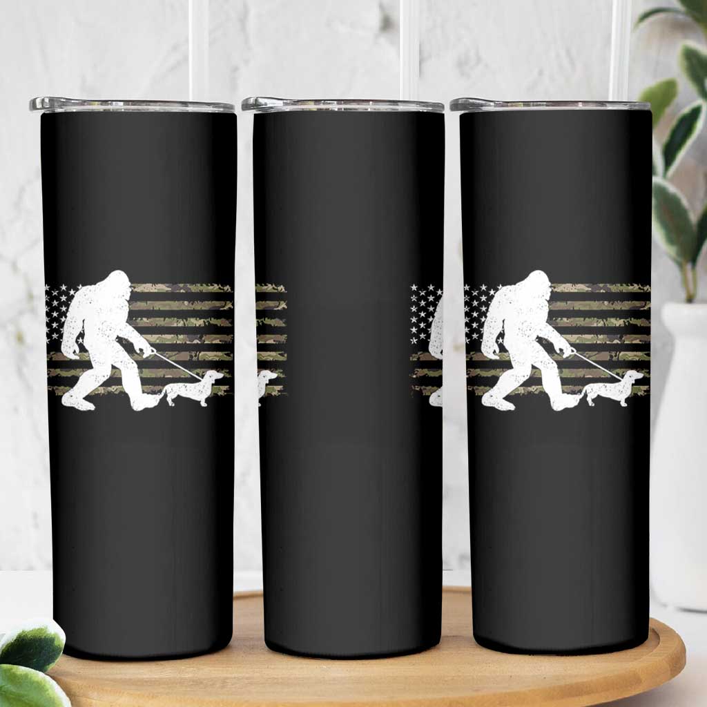 Bigfoot Walking Dachshund Skinny Tumbler Sasquatch Camo American Flag USA Military Patriotic - Wonder Print Shop