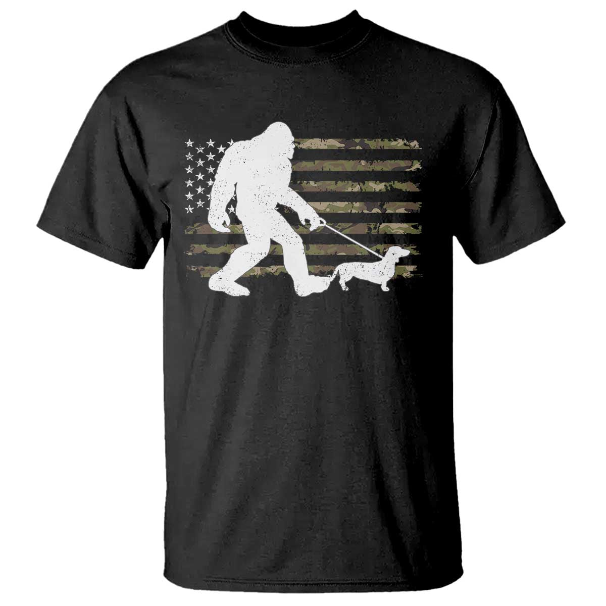 Bigfoot Walking Dachshund T Shirt Sasquatch Camo American Flag USA Military Patriotic - Wonder Print Shop