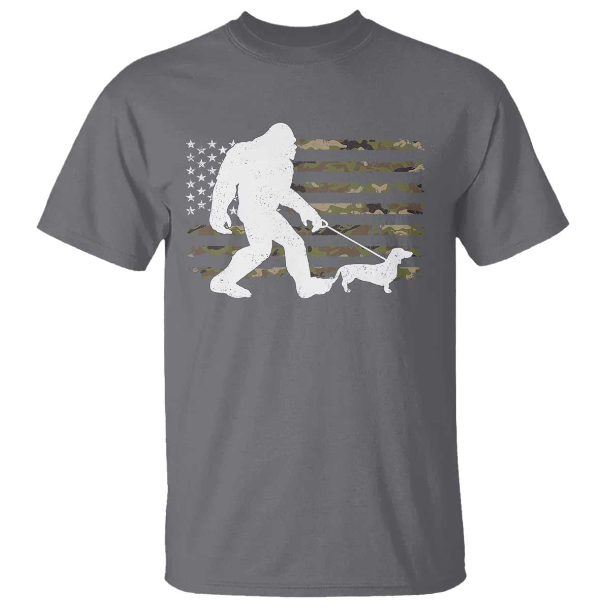 Bigfoot Walking Dachshund T Shirt Sasquatch Camo American Flag USA Military Patriotic - Wonder Print Shop