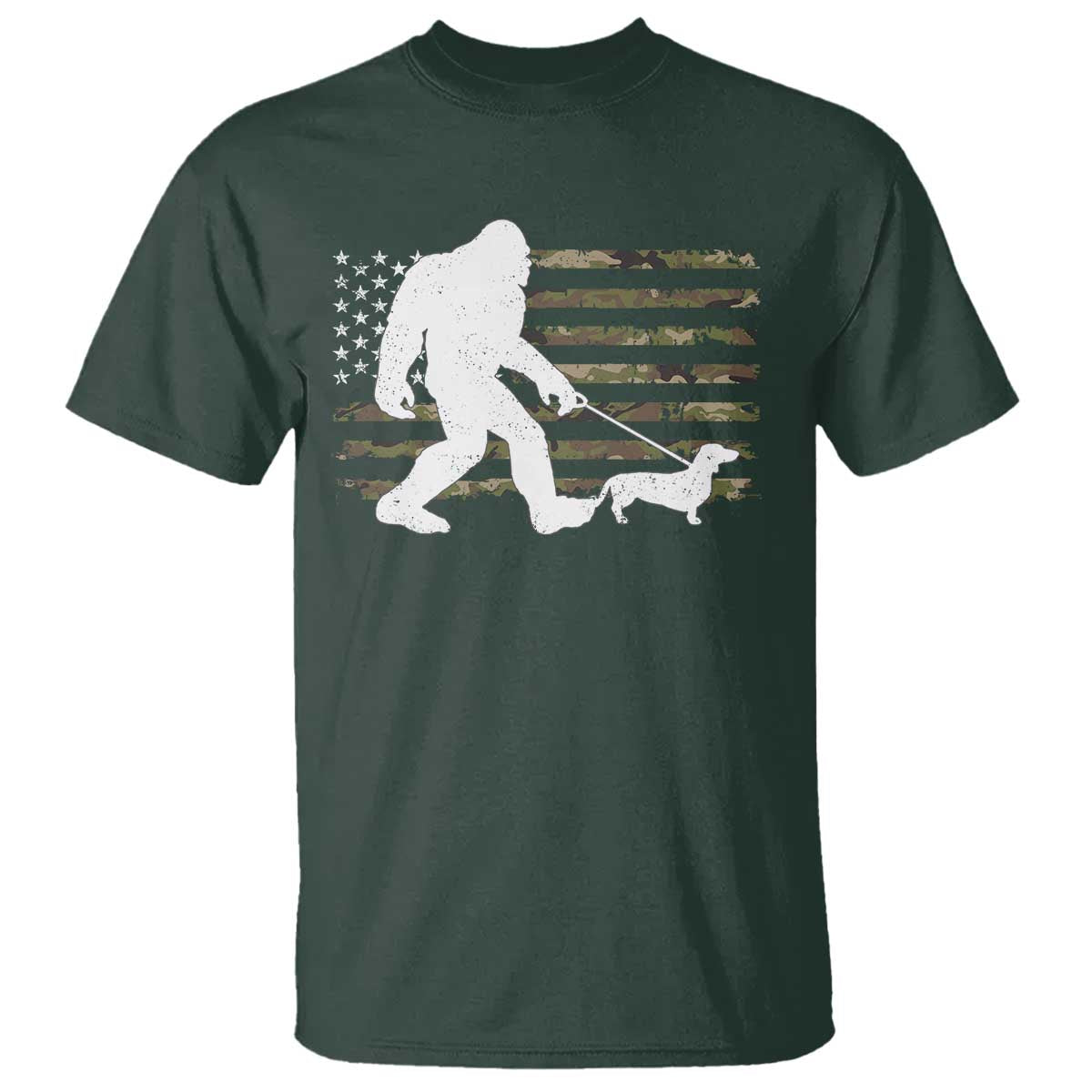 Bigfoot Walking Dachshund T Shirt Sasquatch Camo American Flag USA Military Patriotic - Wonder Print Shop