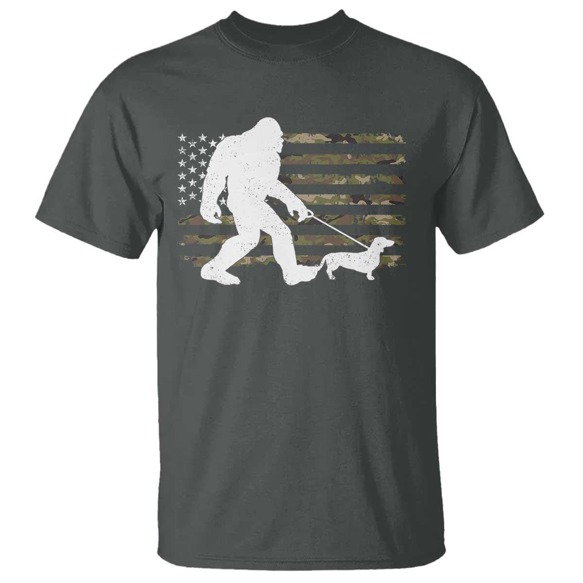 Bigfoot Walking Dachshund T Shirt Sasquatch Camo American Flag USA Military Patriotic - Wonder Print Shop