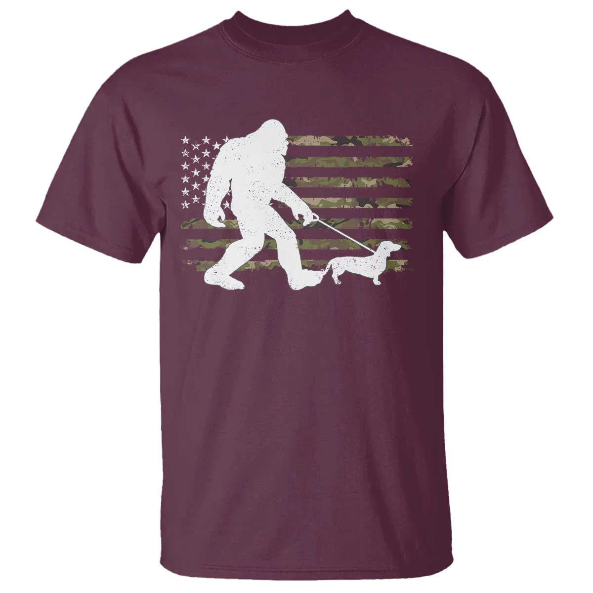 Bigfoot Walking Dachshund T Shirt Sasquatch Camo American Flag USA Military Patriotic - Wonder Print Shop