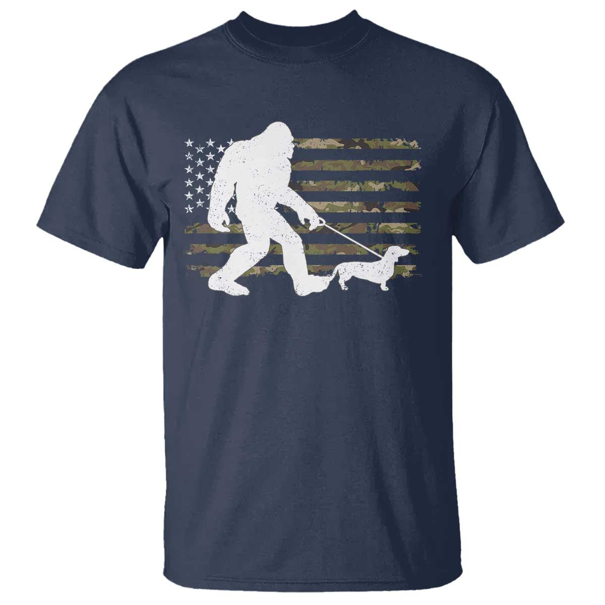 Bigfoot Walking Dachshund T Shirt Sasquatch Camo American Flag USA Military Patriotic - Wonder Print Shop