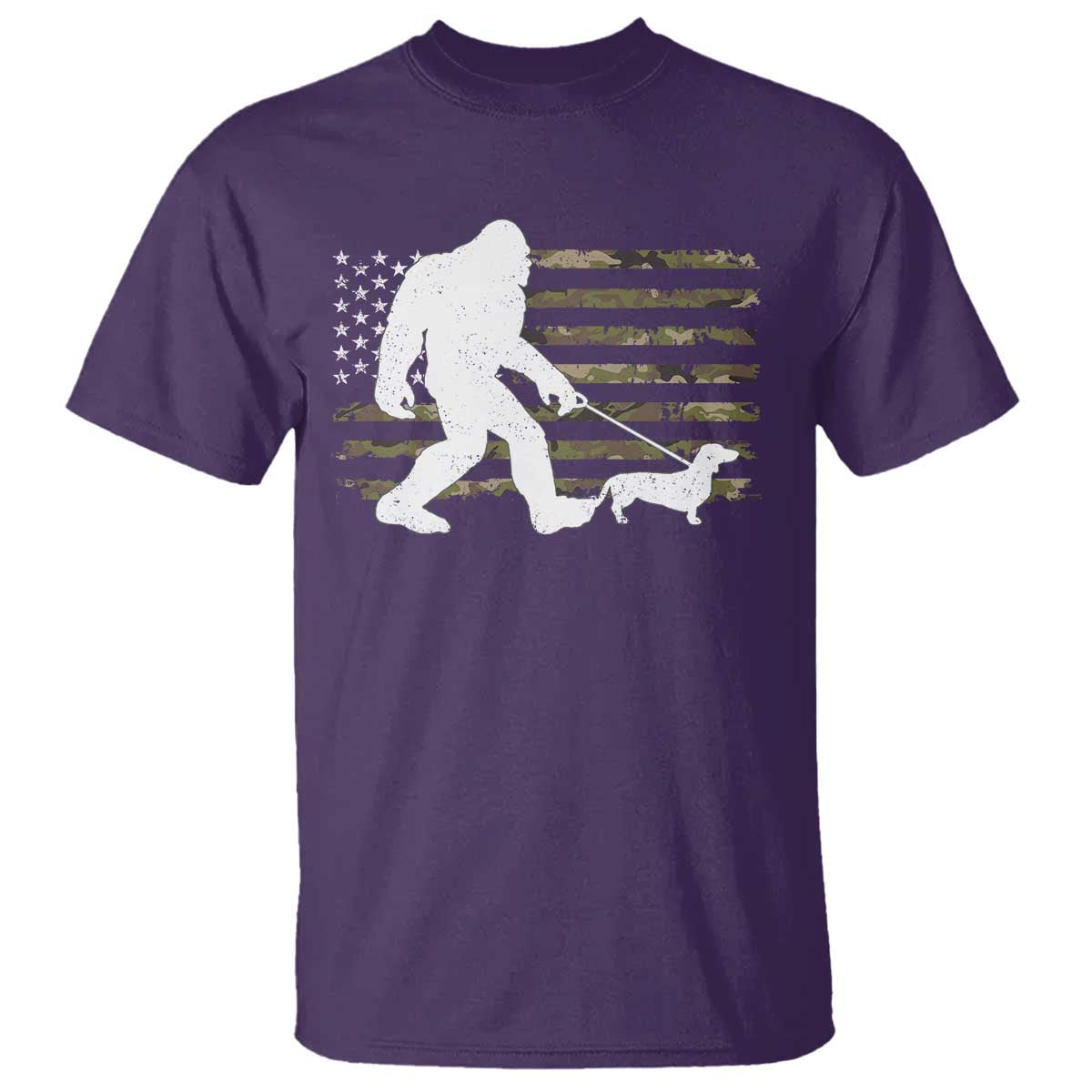 Bigfoot Walking Dachshund T Shirt Sasquatch Camo American Flag USA Military Patriotic - Wonder Print Shop