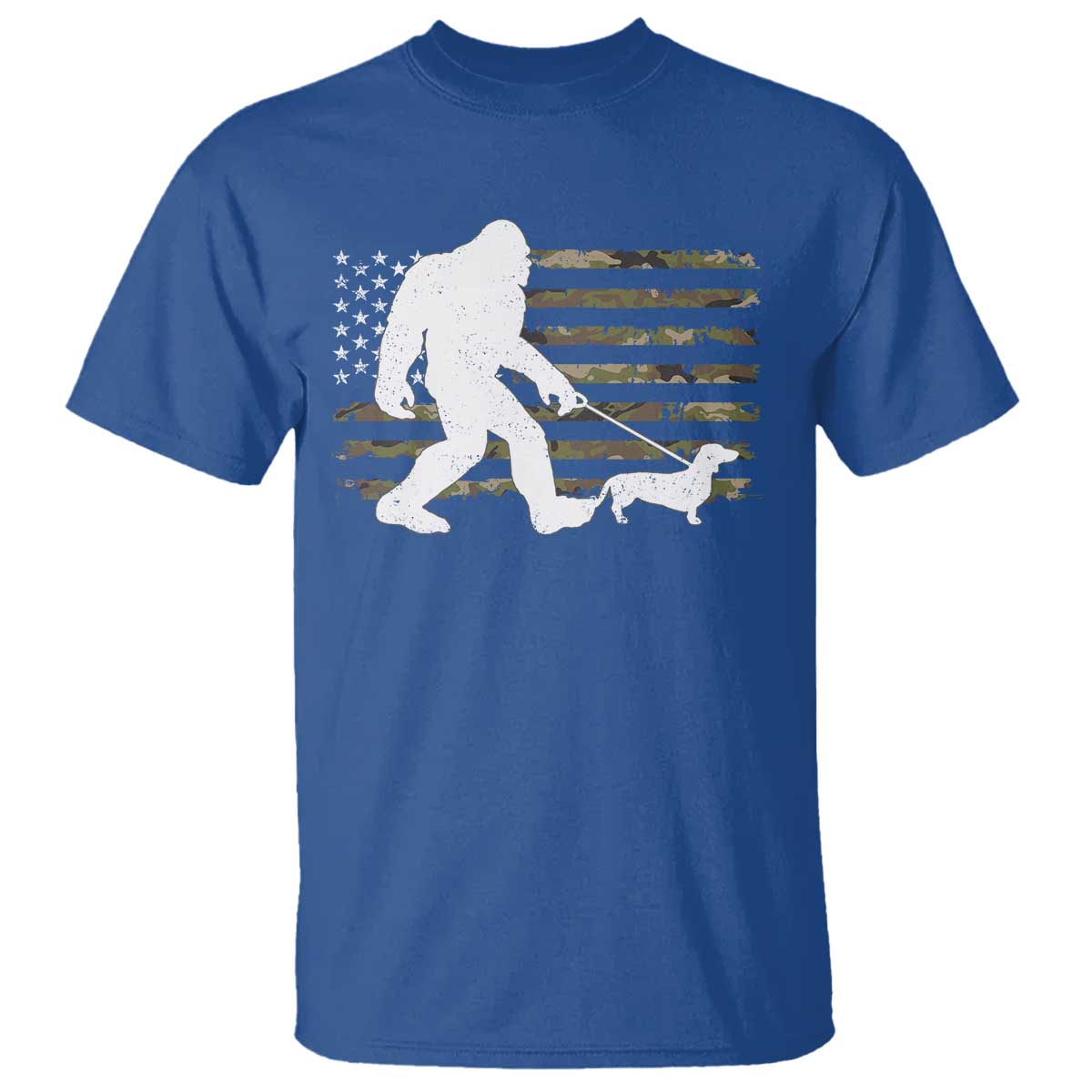 Bigfoot Walking Dachshund T Shirt Sasquatch Camo American Flag USA Military Patriotic - Wonder Print Shop