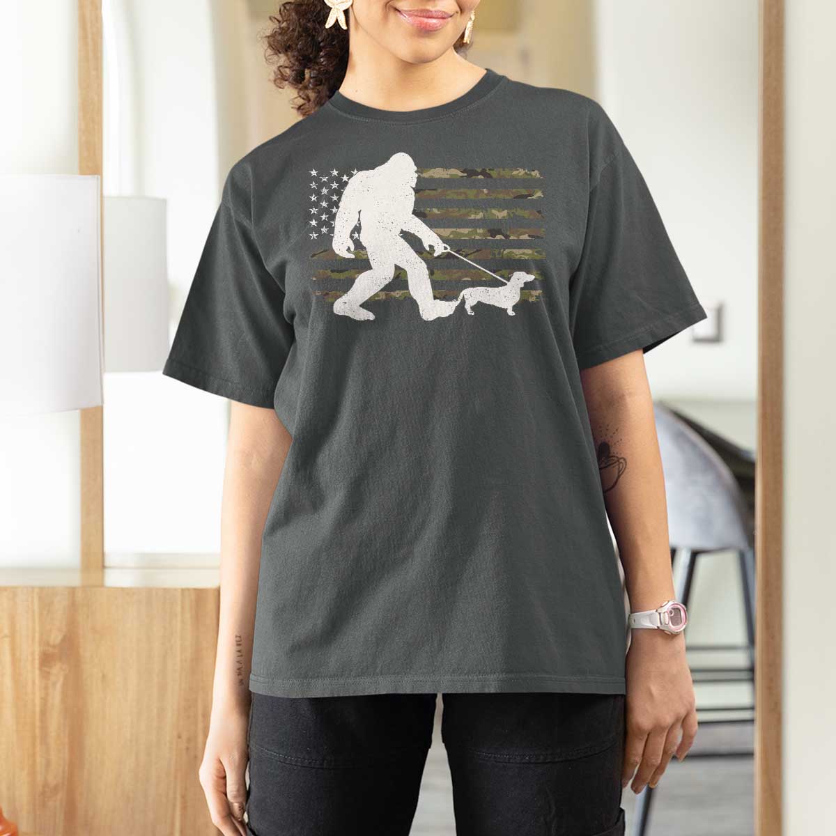 Bigfoot Walking Dachshund T Shirt For Women Sasquatch Camo American Flag USA Military Patriotic - Wonder Print Shop