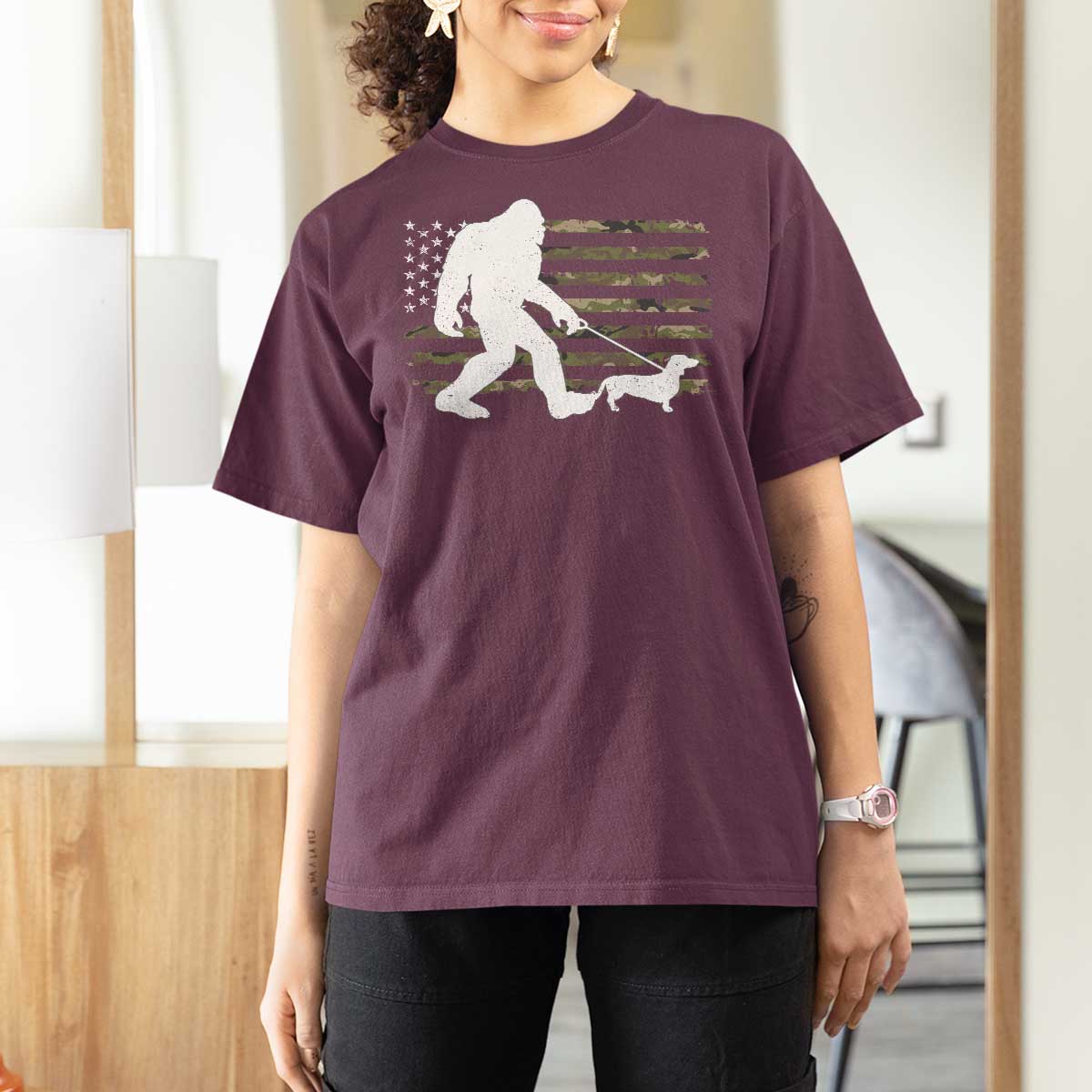 Bigfoot Walking Dachshund T Shirt For Women Sasquatch Camo American Flag USA Military Patriotic - Wonder Print Shop