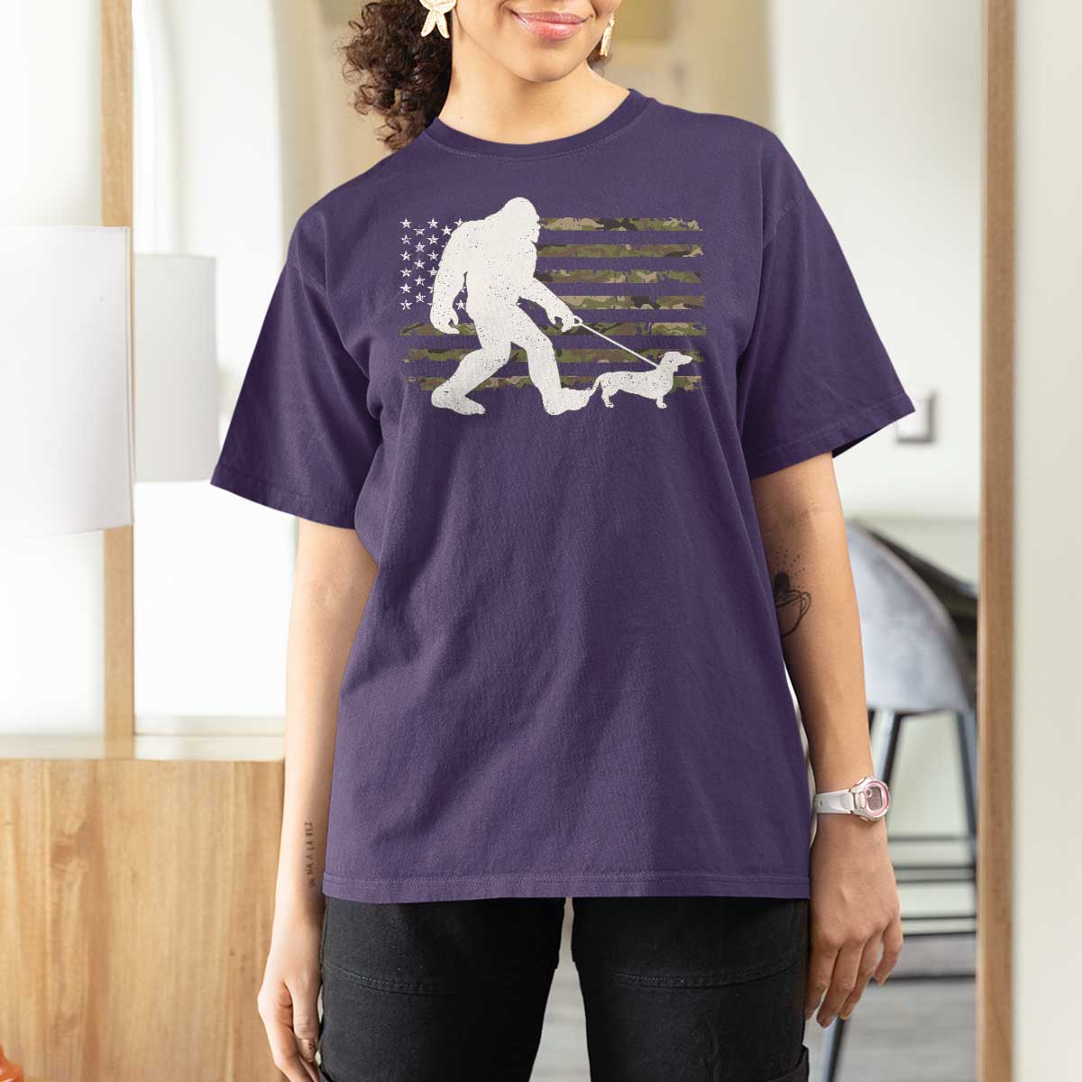 Bigfoot Walking Dachshund T Shirt For Women Sasquatch Camo American Flag USA Military Patriotic - Wonder Print Shop