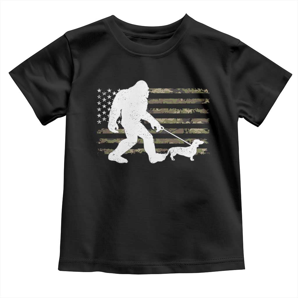 Bigfoot Walking Dachshund Toddler T Shirt Sasquatch Camo American Flag USA Military Patriotic - Wonder Print Shop