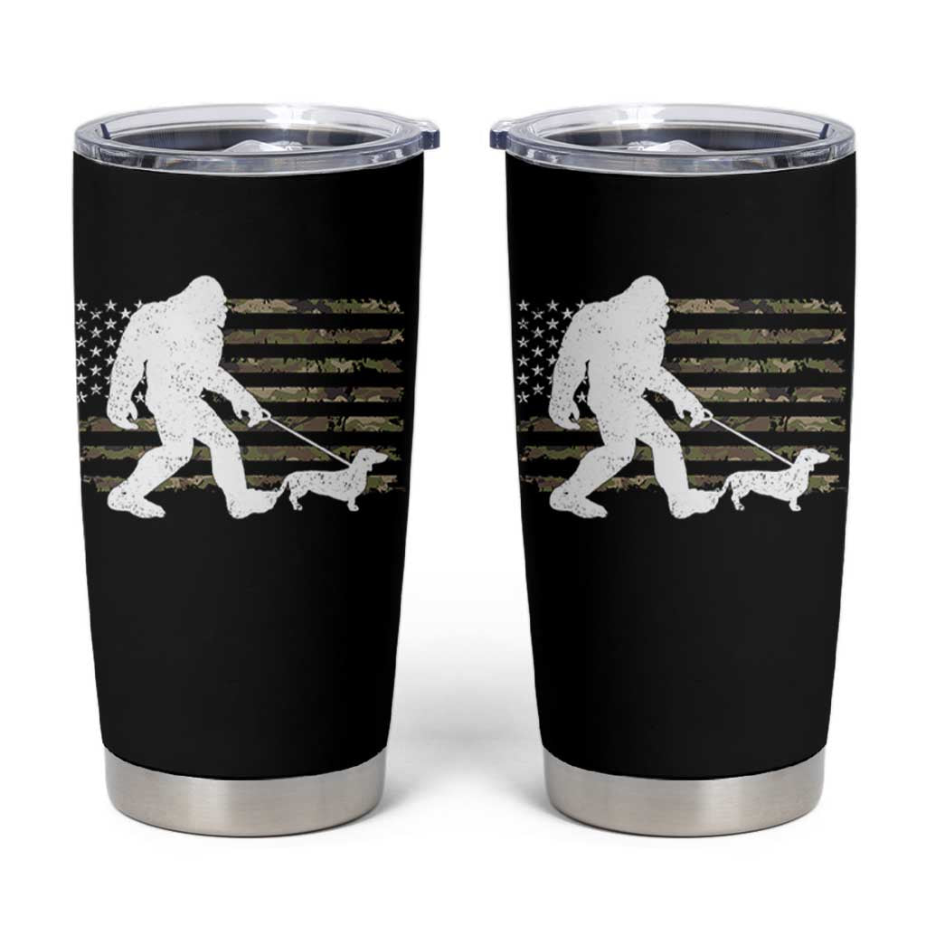 Bigfoot Walking Dachshund Tumbler Cup Sasquatch Camo American Flag USA Military Patriotic - Wonder Print Shop