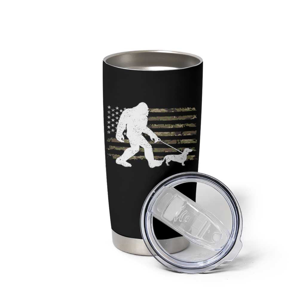 Bigfoot Walking Dachshund Tumbler Cup Sasquatch Camo American Flag USA Military Patriotic - Wonder Print Shop