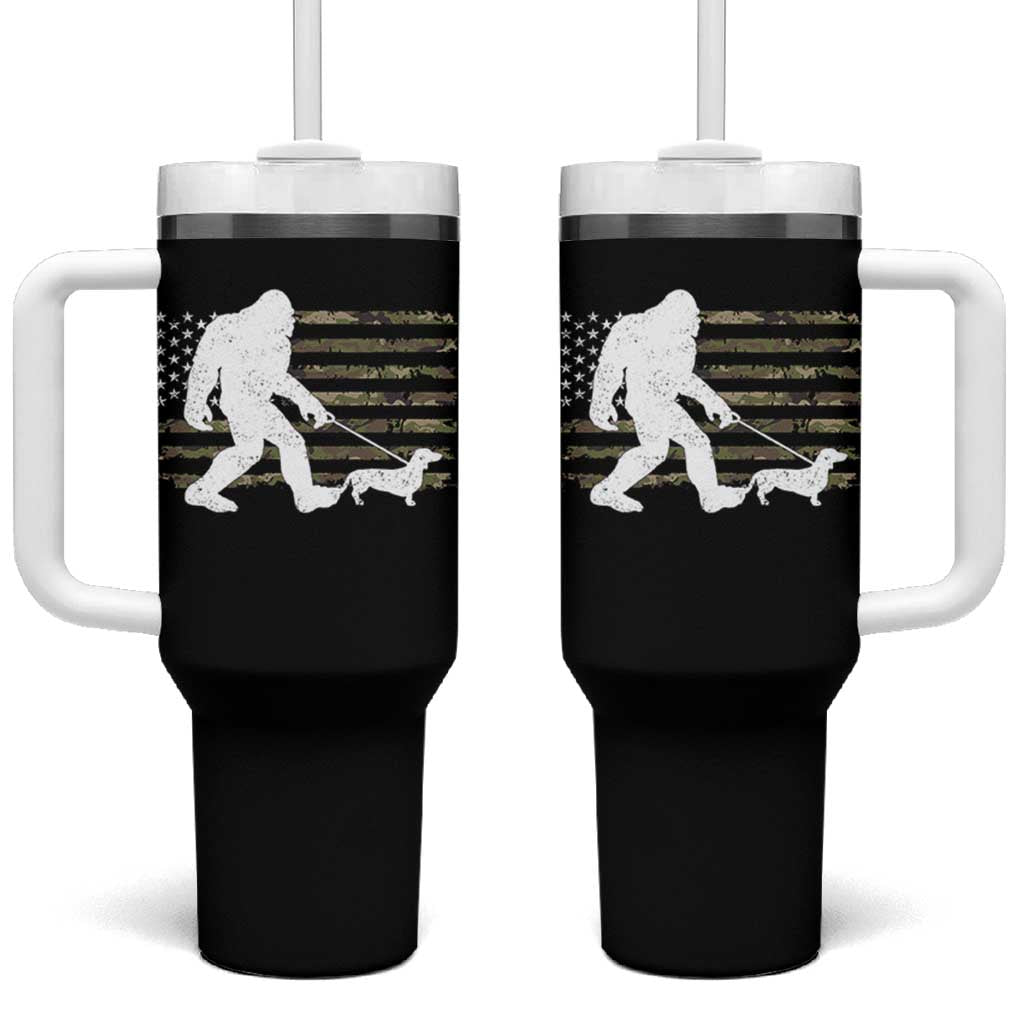 Bigfoot Walking Dachshund Tumbler With Handle Sasquatch Camo American Flag USA Military Patriotic - Wonder Print Shop