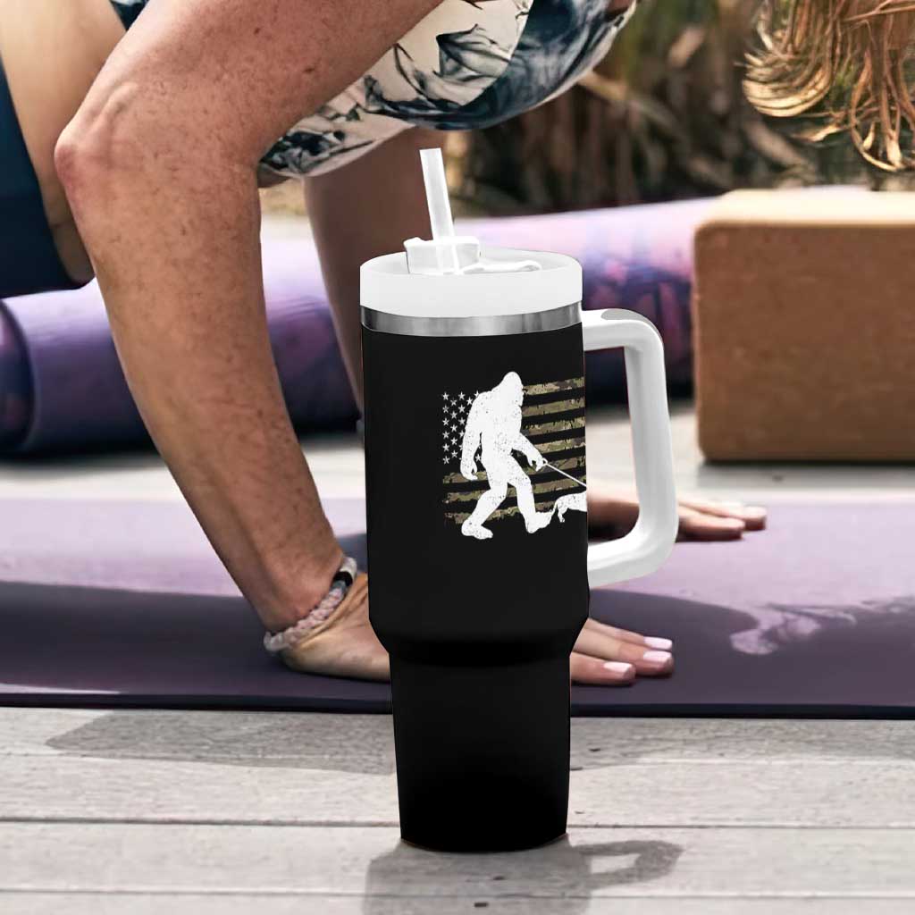 Bigfoot Walking Dachshund Tumbler With Handle Sasquatch Camo American Flag USA Military Patriotic - Wonder Print Shop