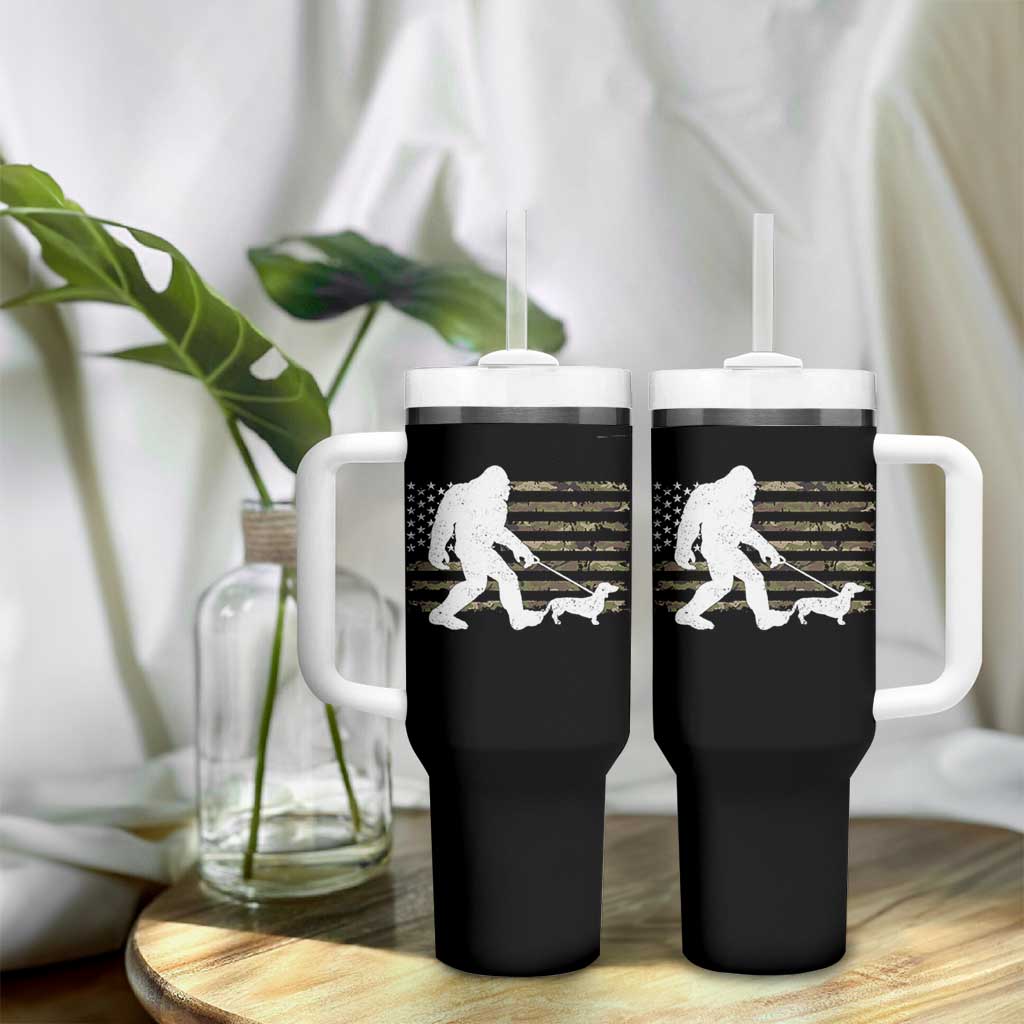 Bigfoot Walking Dachshund Tumbler With Handle Sasquatch Camo American Flag USA Military Patriotic - Wonder Print Shop