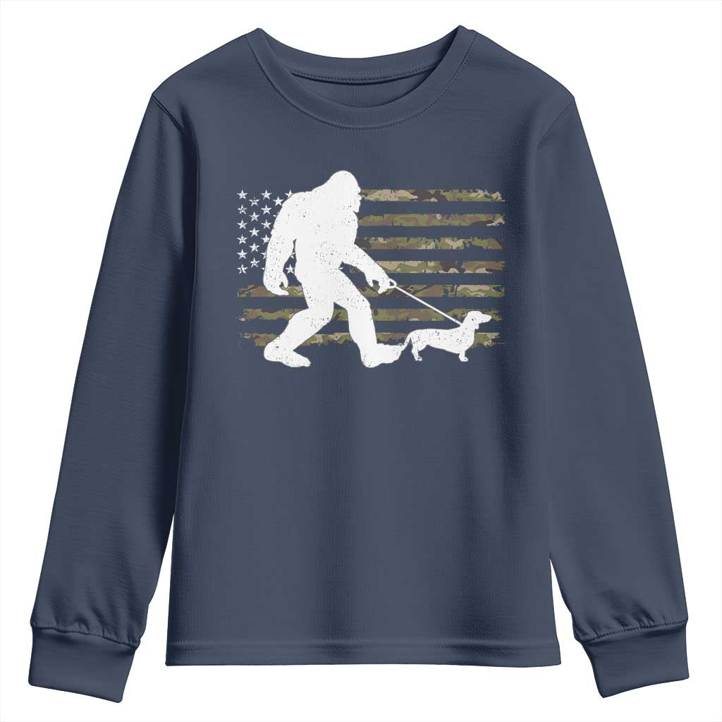 Bigfoot Walking Dachshund Youth Sweatshirt Sasquatch Camo American Flag USA Military Patriotic - Wonder Print Shop