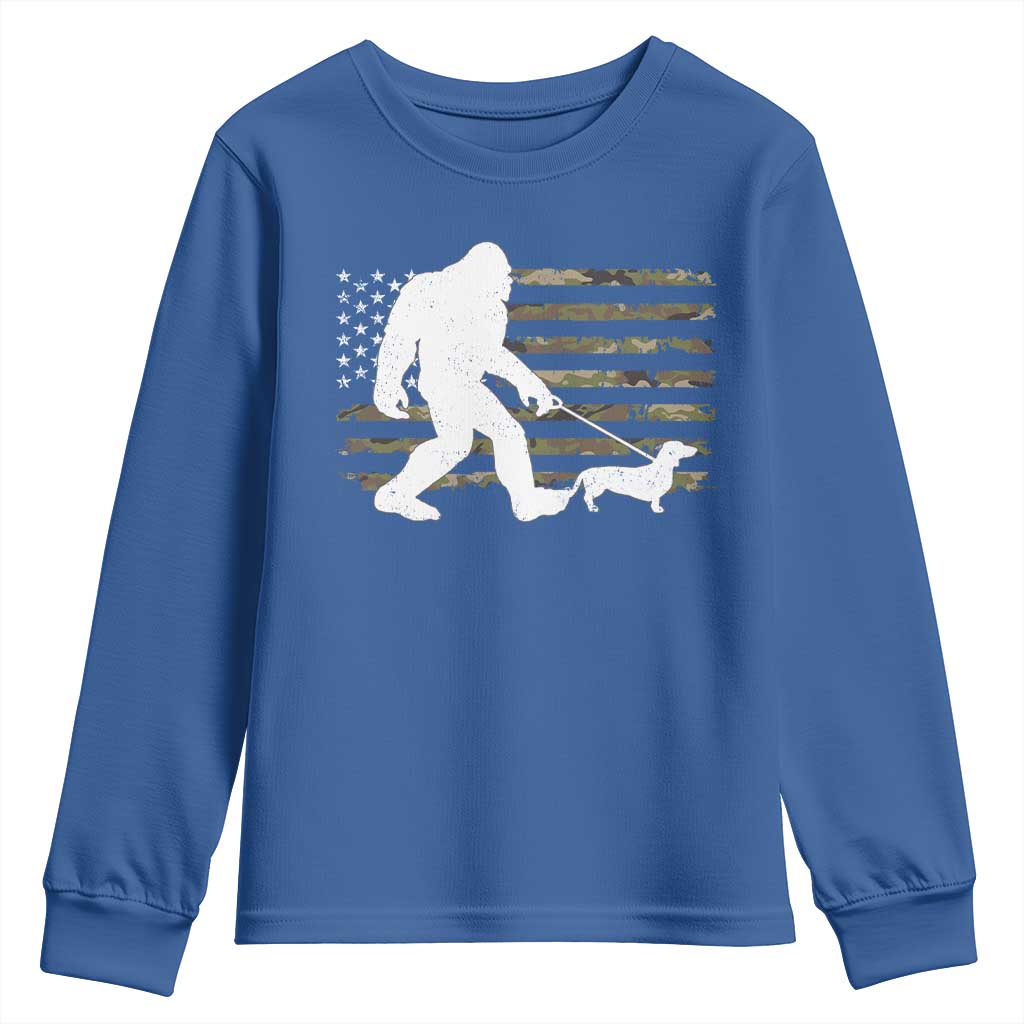 Bigfoot Walking Dachshund Youth Sweatshirt Sasquatch Camo American Flag USA Military Patriotic - Wonder Print Shop