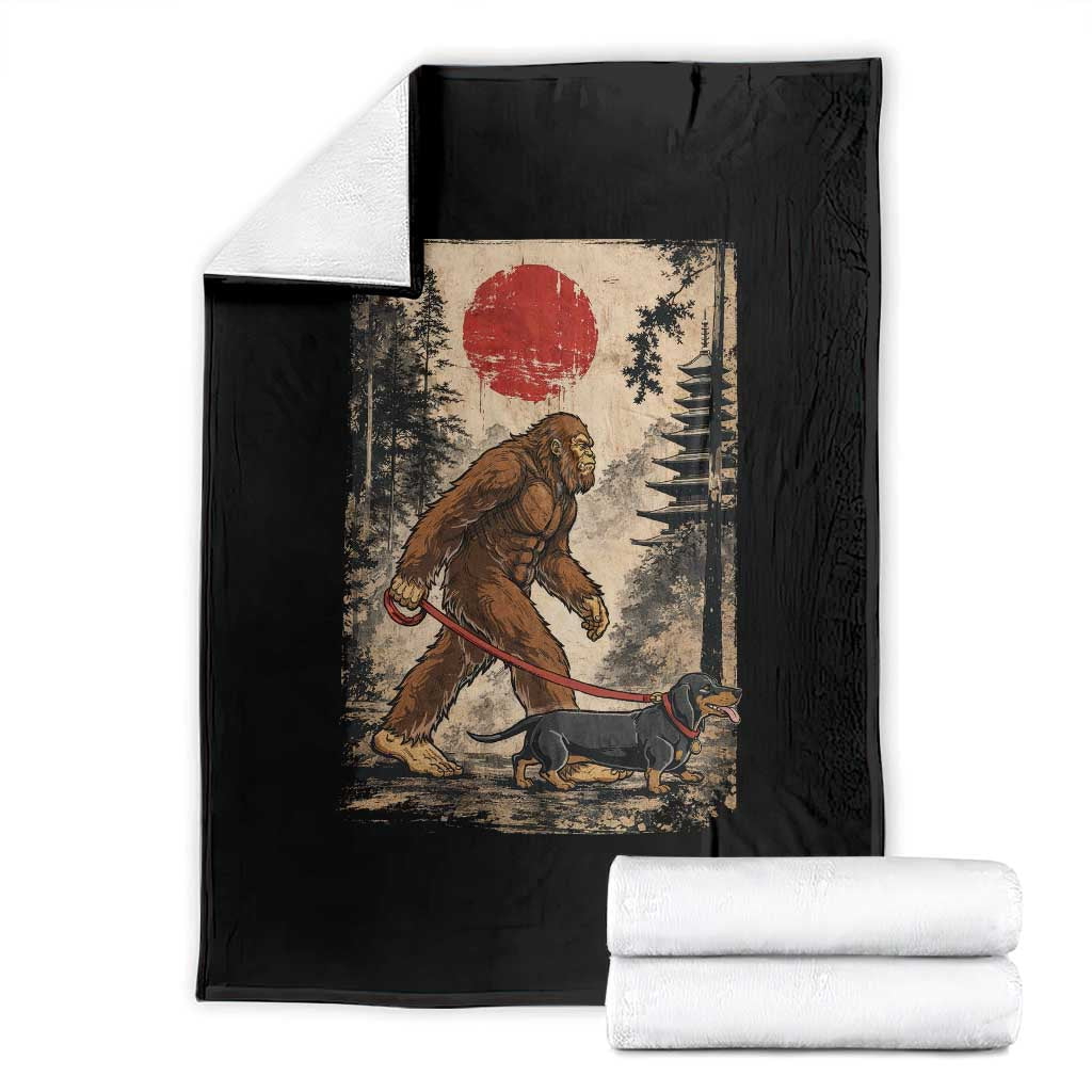 Bigfoot Dachshund Lovers Throw Blanket Japanese Vintage Graphic Ukiyo-e Art Sasquatch Wiener Dog Gift