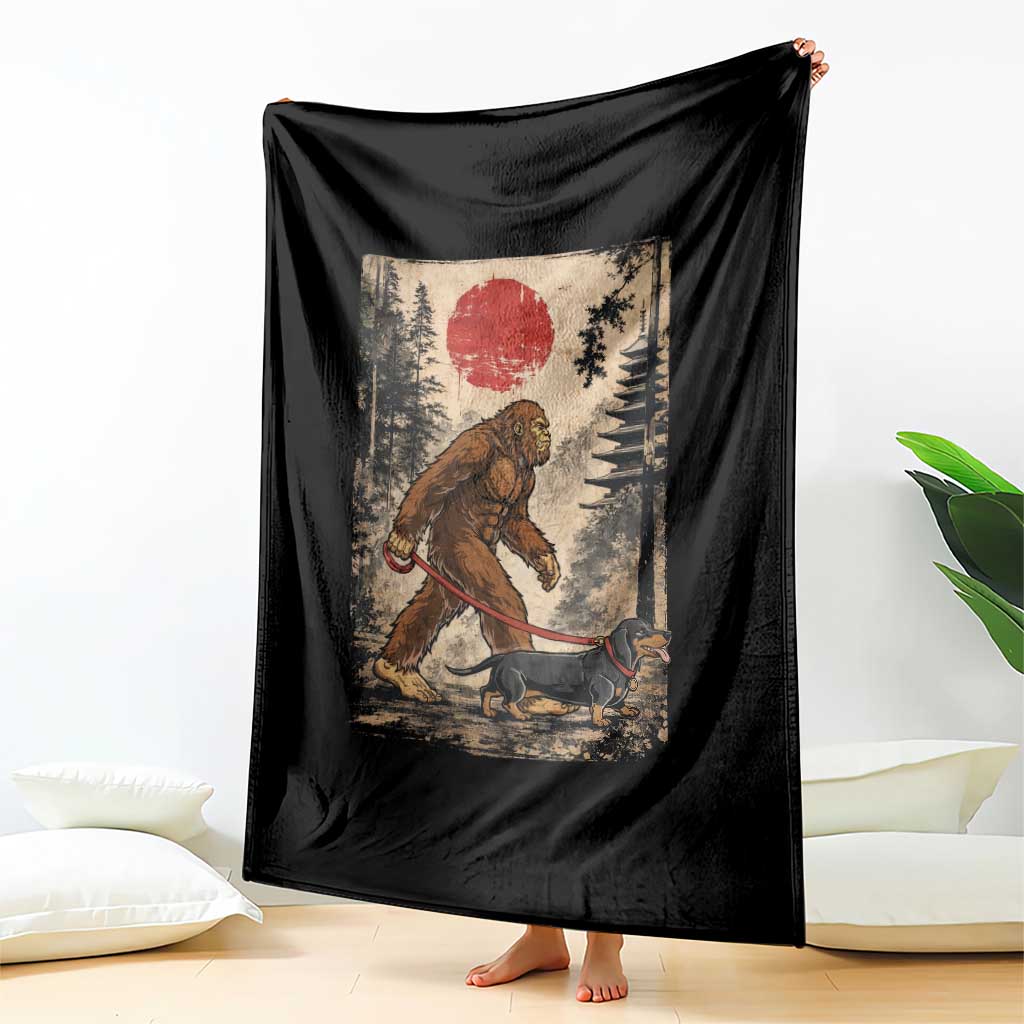 Bigfoot Dachshund Lovers Throw Blanket Japanese Vintage Graphic Ukiyo-e Art Sasquatch Wiener Dog Gift