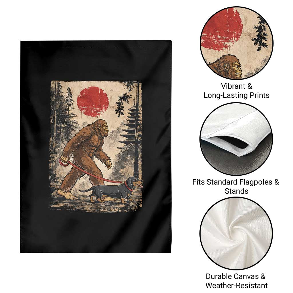 Bigfoot Dachshund Lovers Garden Flag Japanese Vintage Graphic Ukiyo-e Art Sasquatch Wiener Dog Gift