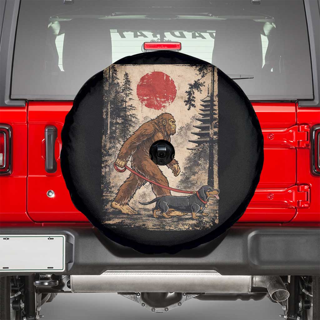 Bigfoot Dachshund Lovers Spare Tire Cover Japanese Vintage Graphic Ukiyo-e Art Sasquatch Wiener Dog Gift