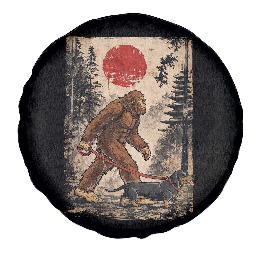 Bigfoot Dachshund Lovers Spare Tire Cover Japanese Vintage Graphic Ukiyo-e Art Sasquatch Wiener Dog Gift