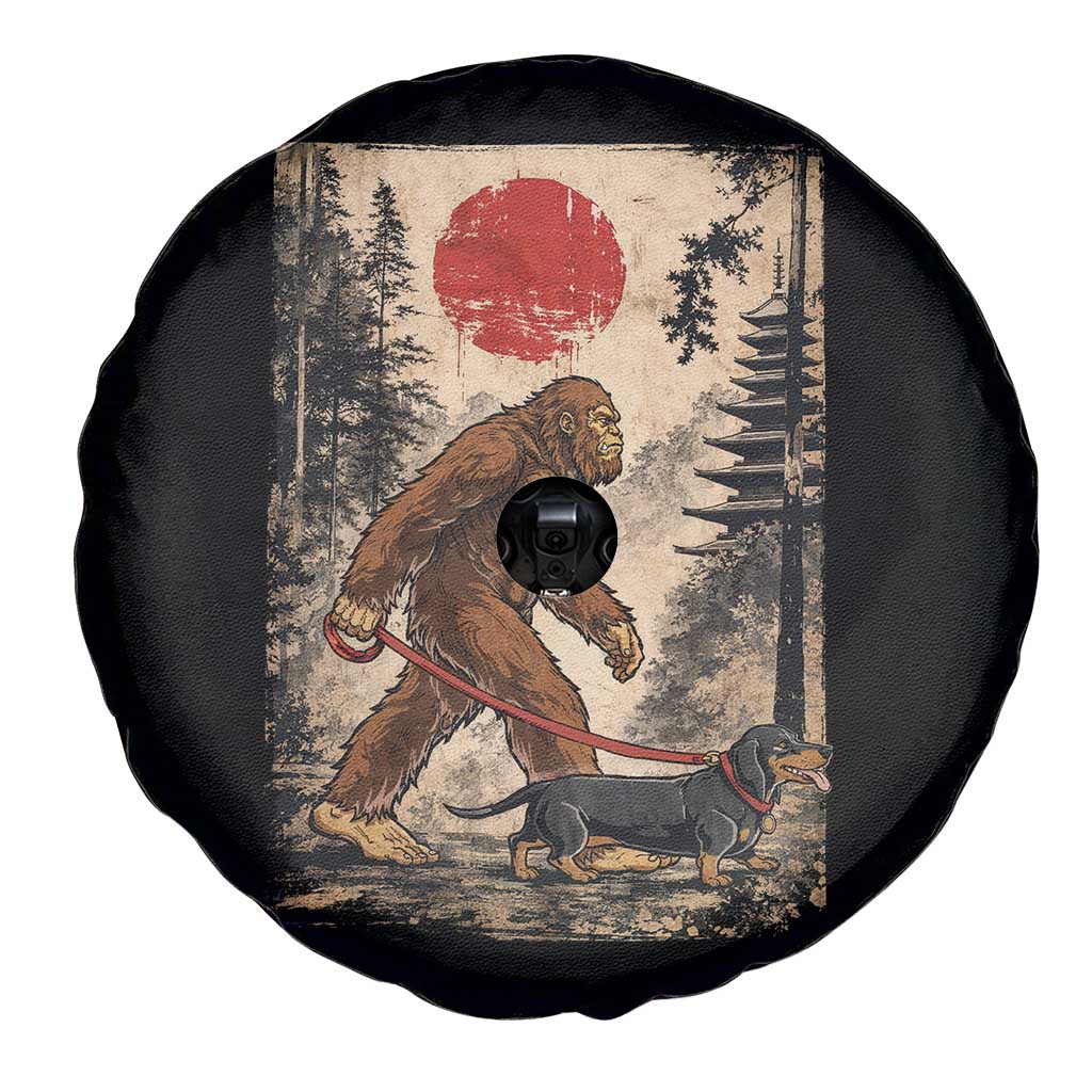 Bigfoot Dachshund Lovers Spare Tire Cover Japanese Vintage Graphic Ukiyo-e Art Sasquatch Wiener Dog Gift