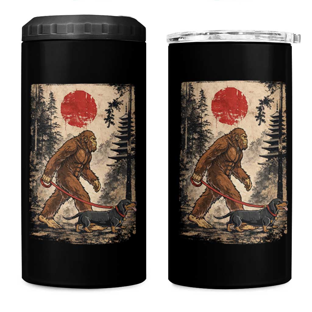 Bigfoot Dachshund Lovers 4 in 1 Can Cooler Tumbler Japanese Vintage Graphic Ukiyo-e Art Sasquatch Wiener Dog Gift