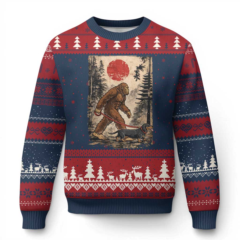Bigfoot Dachshund Lovers Ugly Christmas Sweater Japanese Vintage Graphic Ukiyo-e Art Sasquatch Wiener Dog Gift