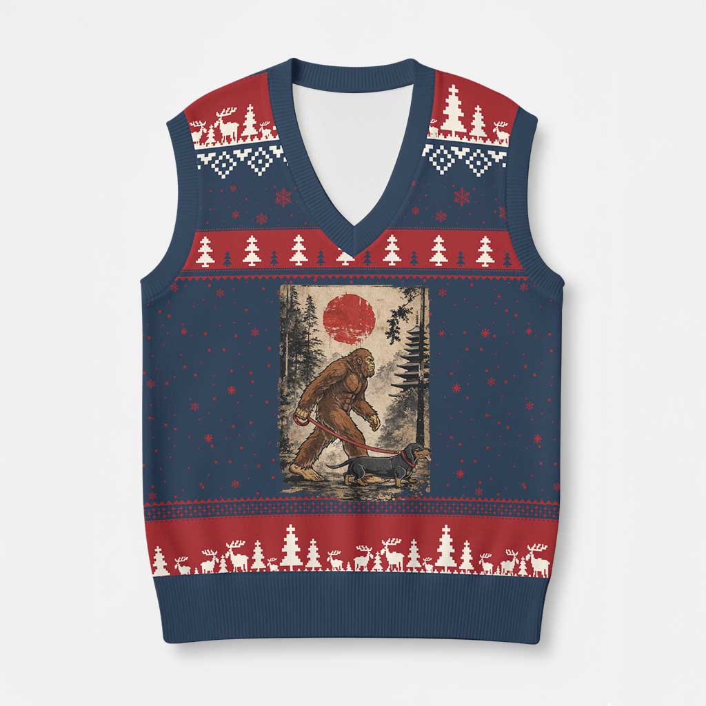 Bigfoot Dachshund Lovers V-Neck Knit Sweater Vest Japanese Vintage Graphic Ukiyo-e Art Sasquatch Wiener Dog Gift